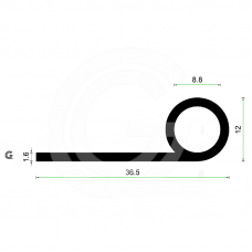 EPDM Rubber Kraal P Profiel | 36 x 12 mm | Per Meter